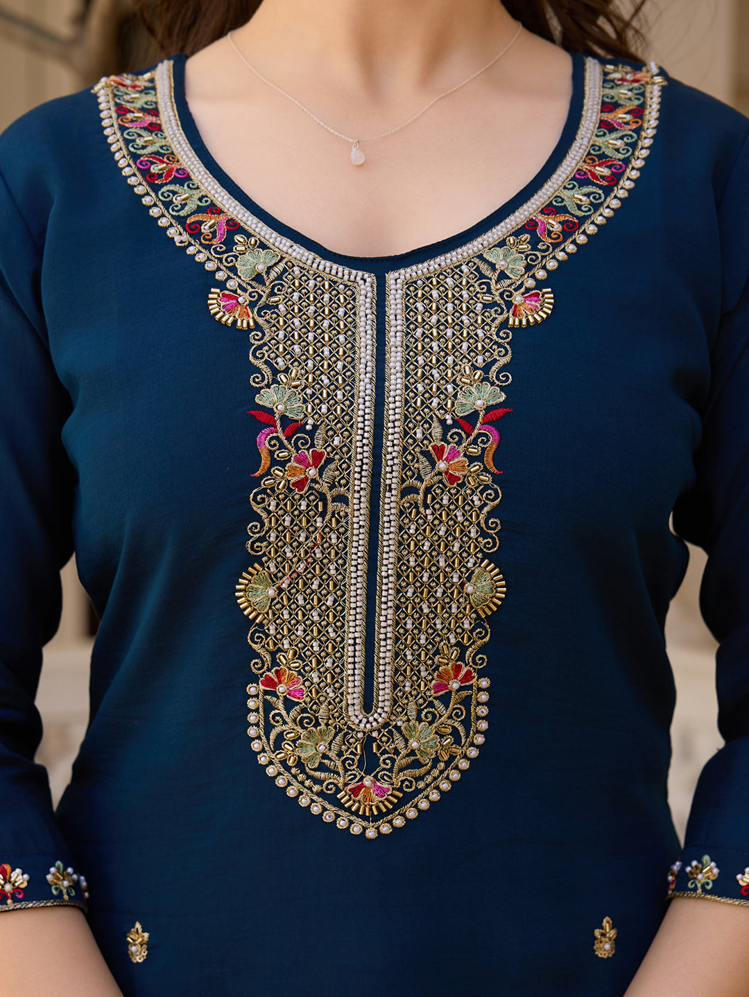Women’s Navy Blue Embroidered Salwar Suit Set with Floral Dupatta & Three-Quarter Sleeves