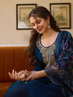 Women’s Navy Blue Embroidered Salwar Suit Set with Floral Dupatta & Three-Quarter Sleeves