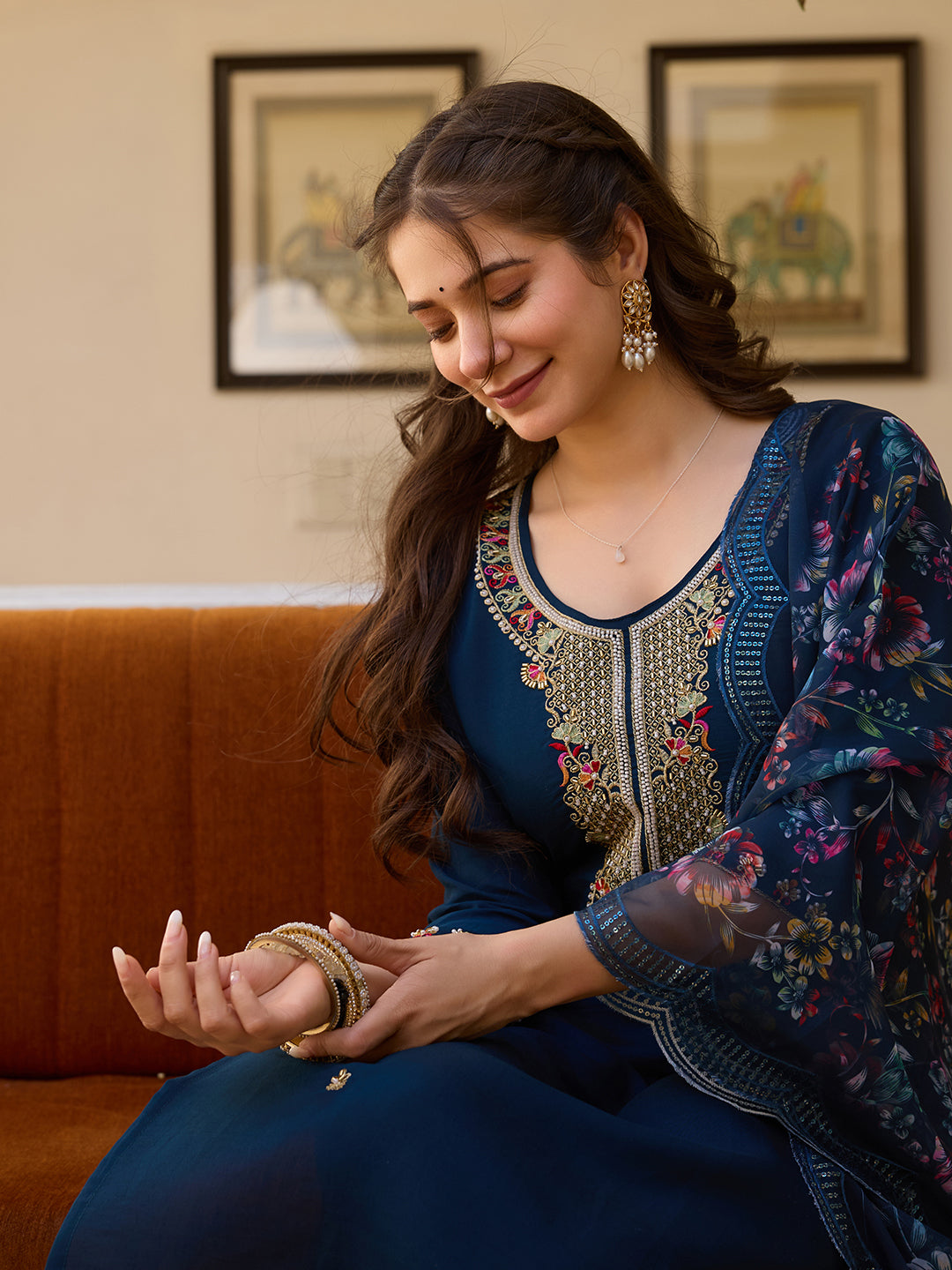 Women’s Navy Blue Embroidered Salwar Suit Set with Floral Dupatta & Three-Quarter Sleeves