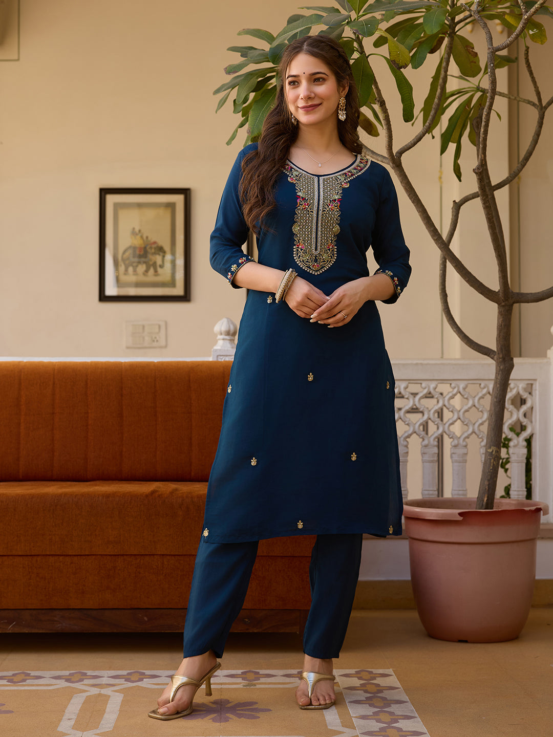 Women’s Navy Blue Embroidered Salwar Suit Set with Floral Dupatta & Three-Quarter Sleeves