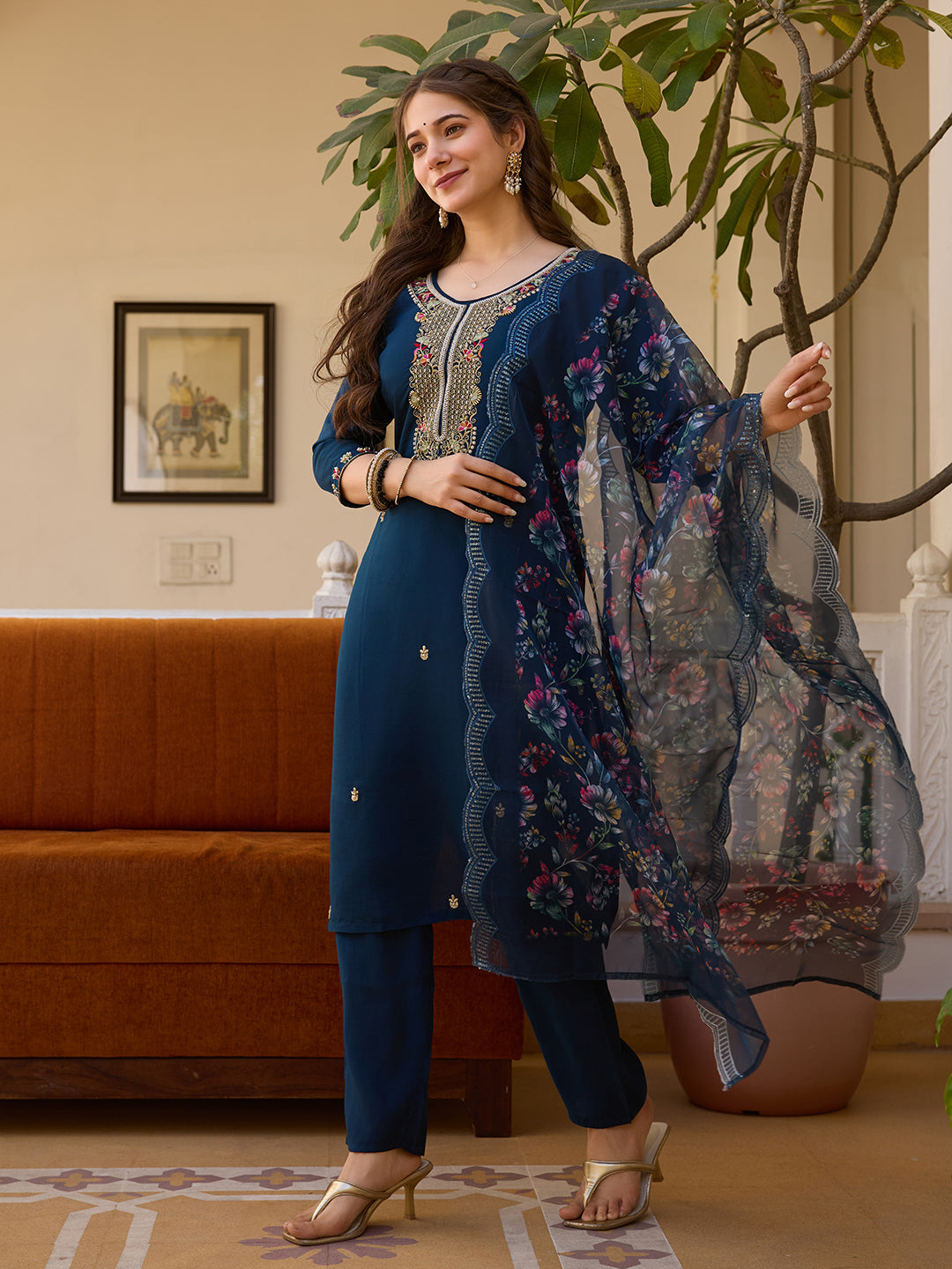 Women’s Navy Blue Embroidered Salwar Suit Set with Floral Dupatta & Three-Quarter Sleeves