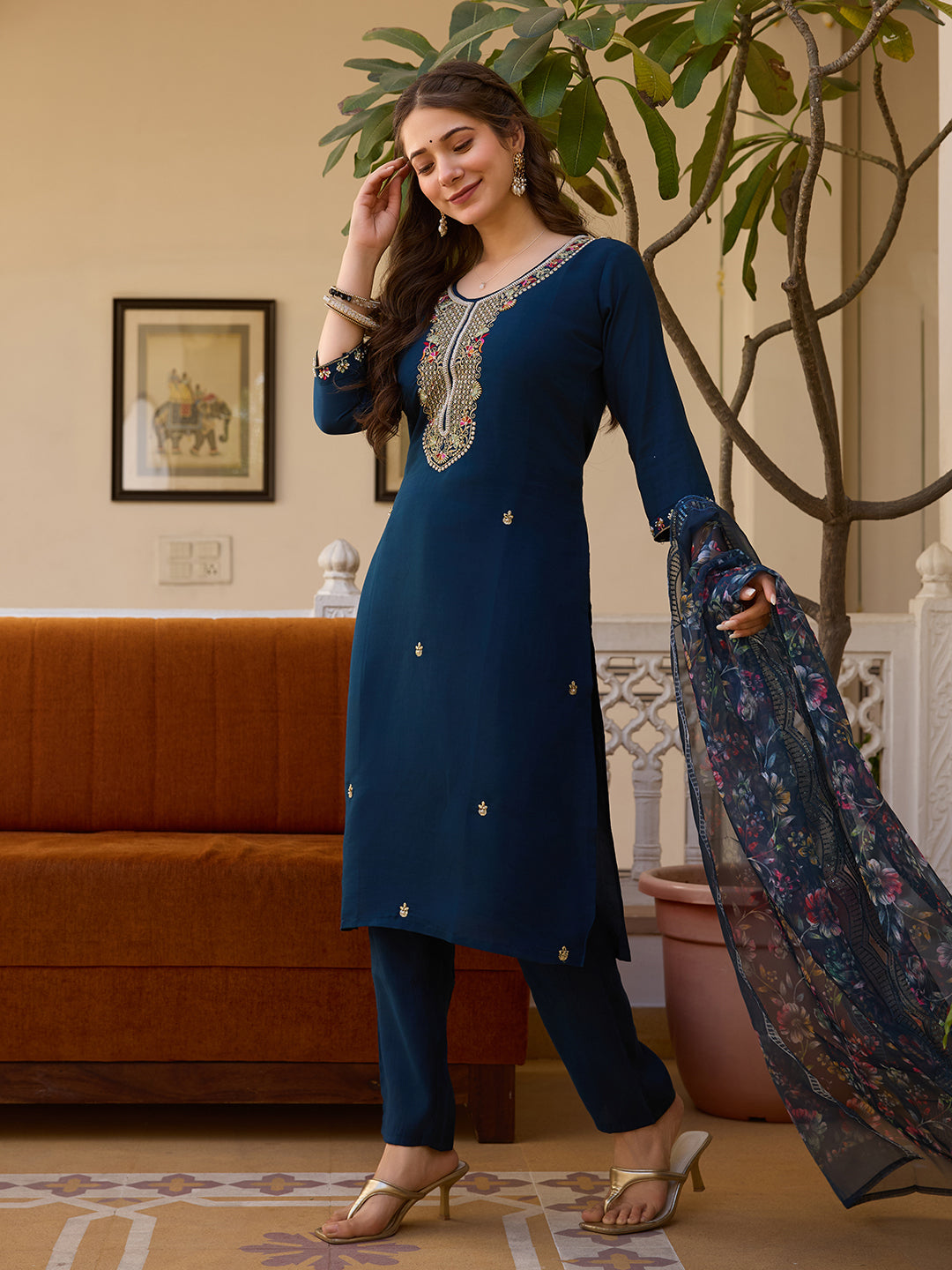 Women’s Navy Blue Embroidered Salwar Suit Set with Floral Dupatta & Three-Quarter Sleeves