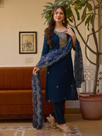 Women’s Navy Blue Embroidered Salwar Suit Set with Floral Dupatta & Three-Quarter Sleeves
