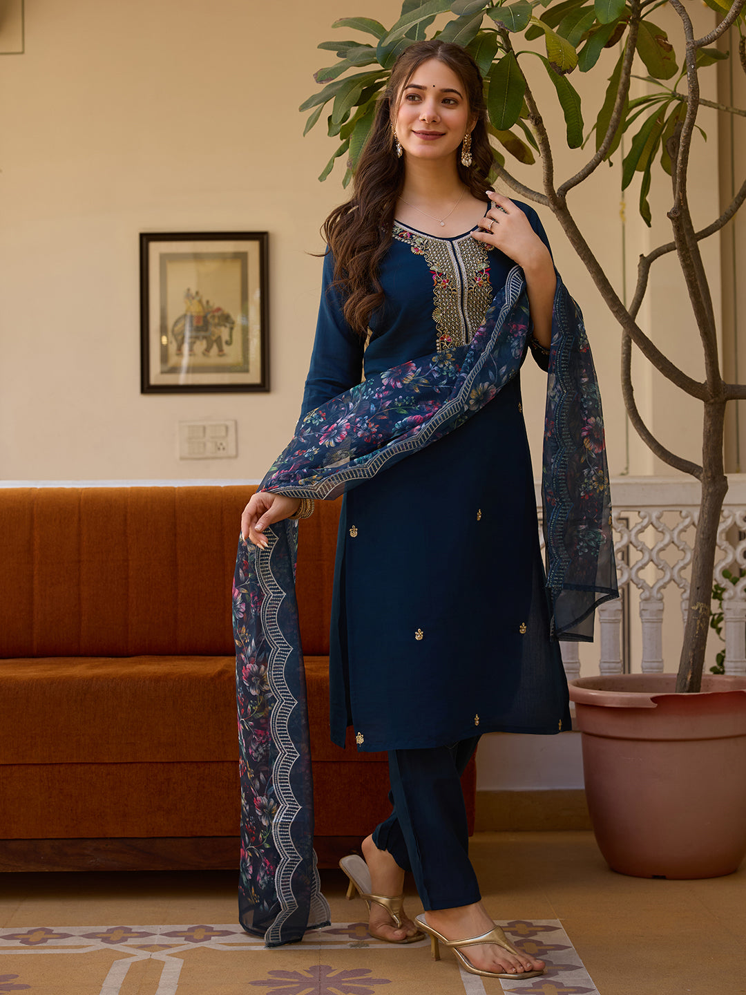 Women’s Navy Blue Embroidered Salwar Suit Set with Floral Dupatta & Three-Quarter Sleeves