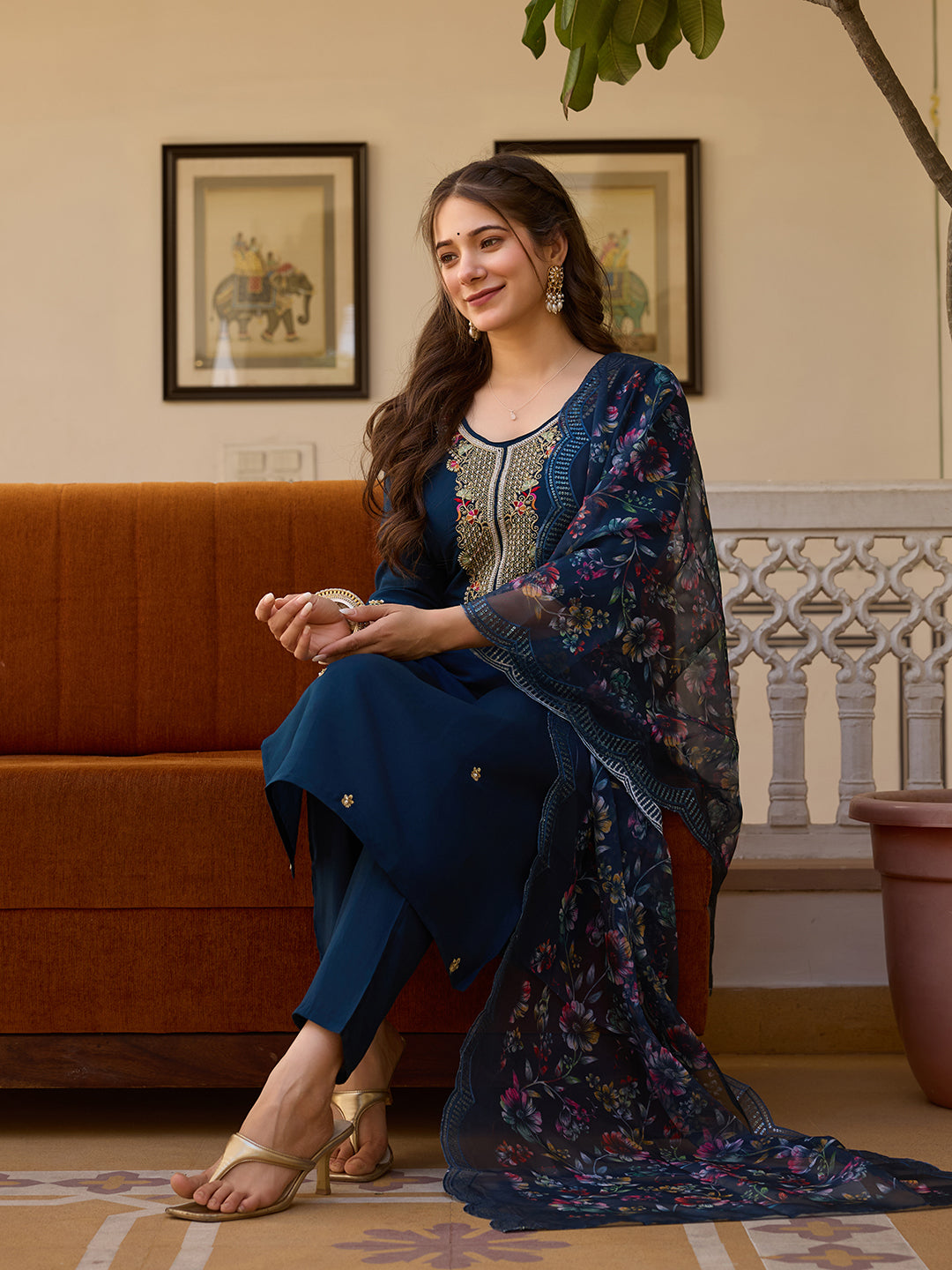 Women’s Navy Blue Embroidered Salwar Suit Set with Floral Dupatta & Three-Quarter Sleeves