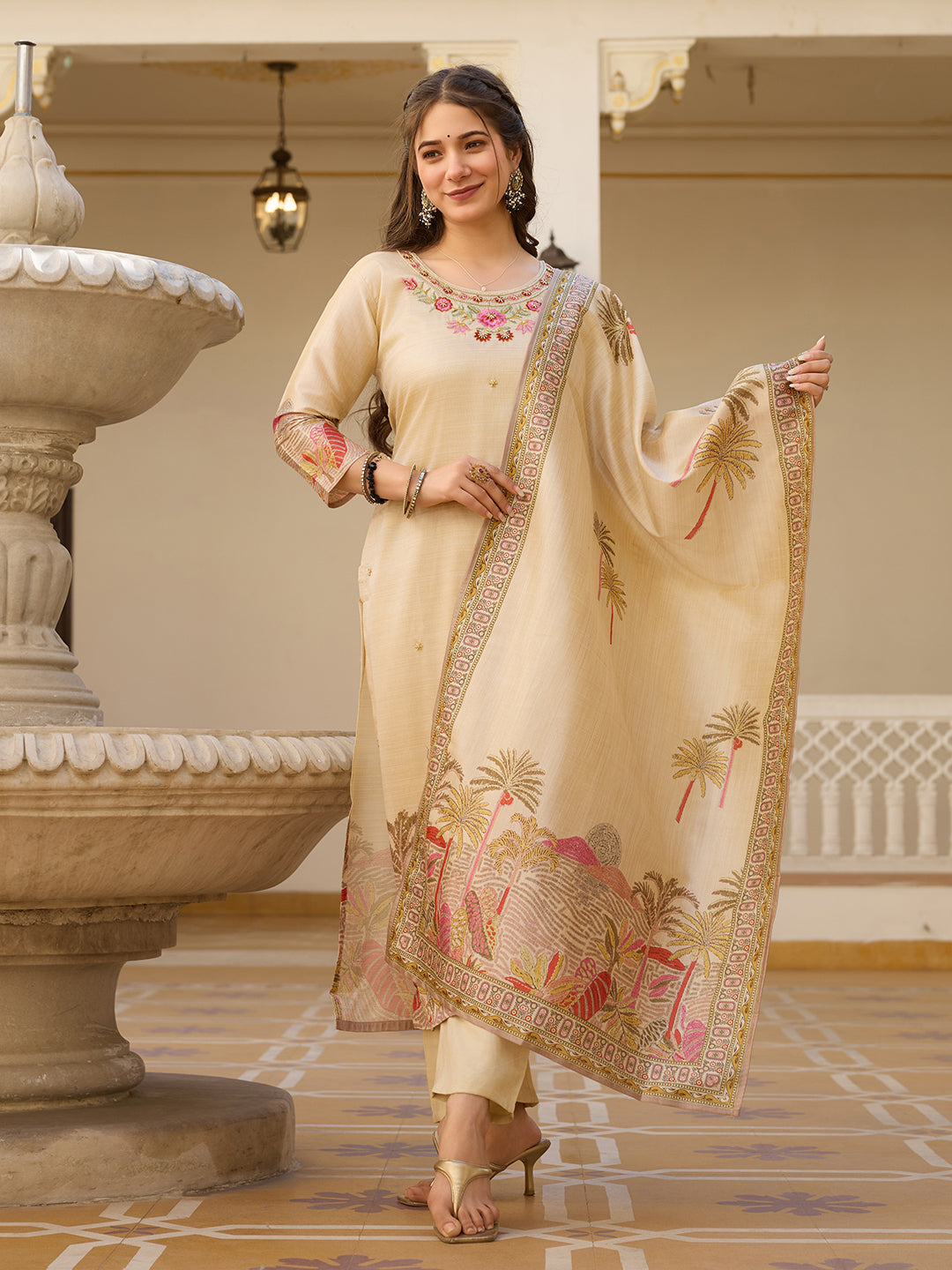 Elegant Beige Salwar Suit with Floral Embroidery, Palm Tree Print, Three-Quarter Sleeves
