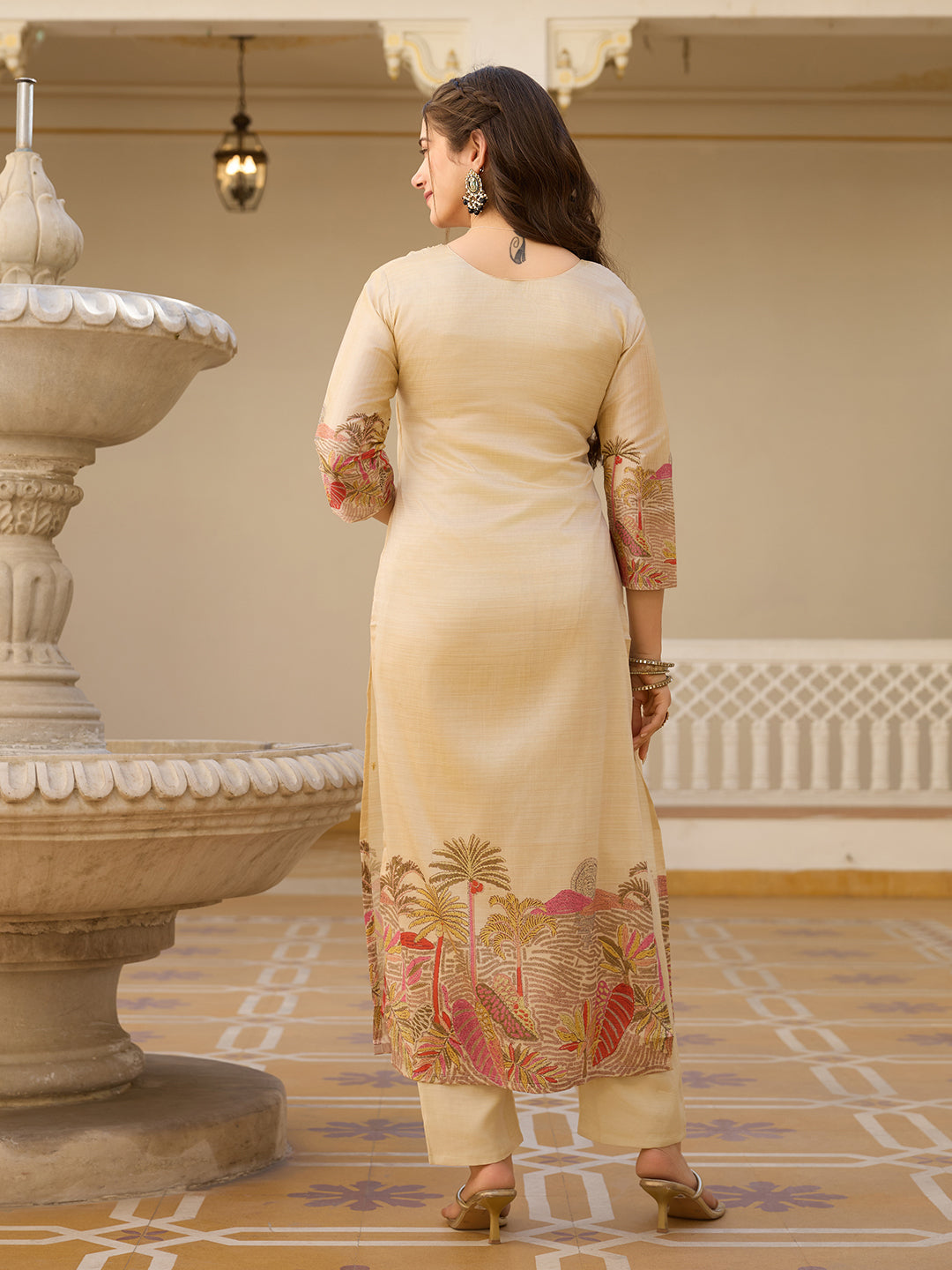Elegant Beige Salwar Suit with Floral Embroidery, Palm Tree Print, Three-Quarter Sleeves