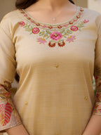Elegant Beige Salwar Suit with Floral Embroidery, Palm Tree Print, Three-Quarter Sleeves