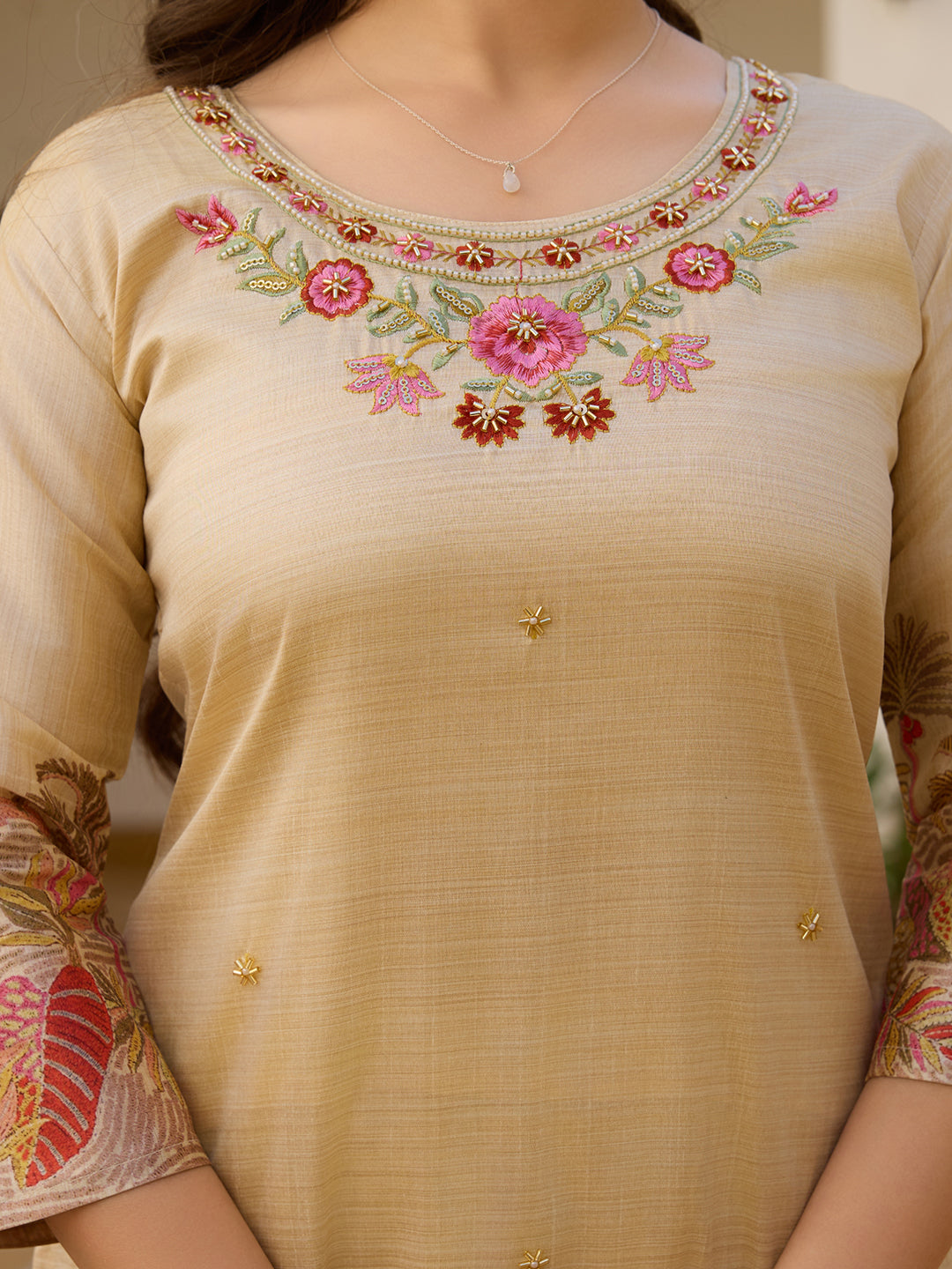 Elegant Beige Salwar Suit with Floral Embroidery, Palm Tree Print, Three-Quarter Sleeves