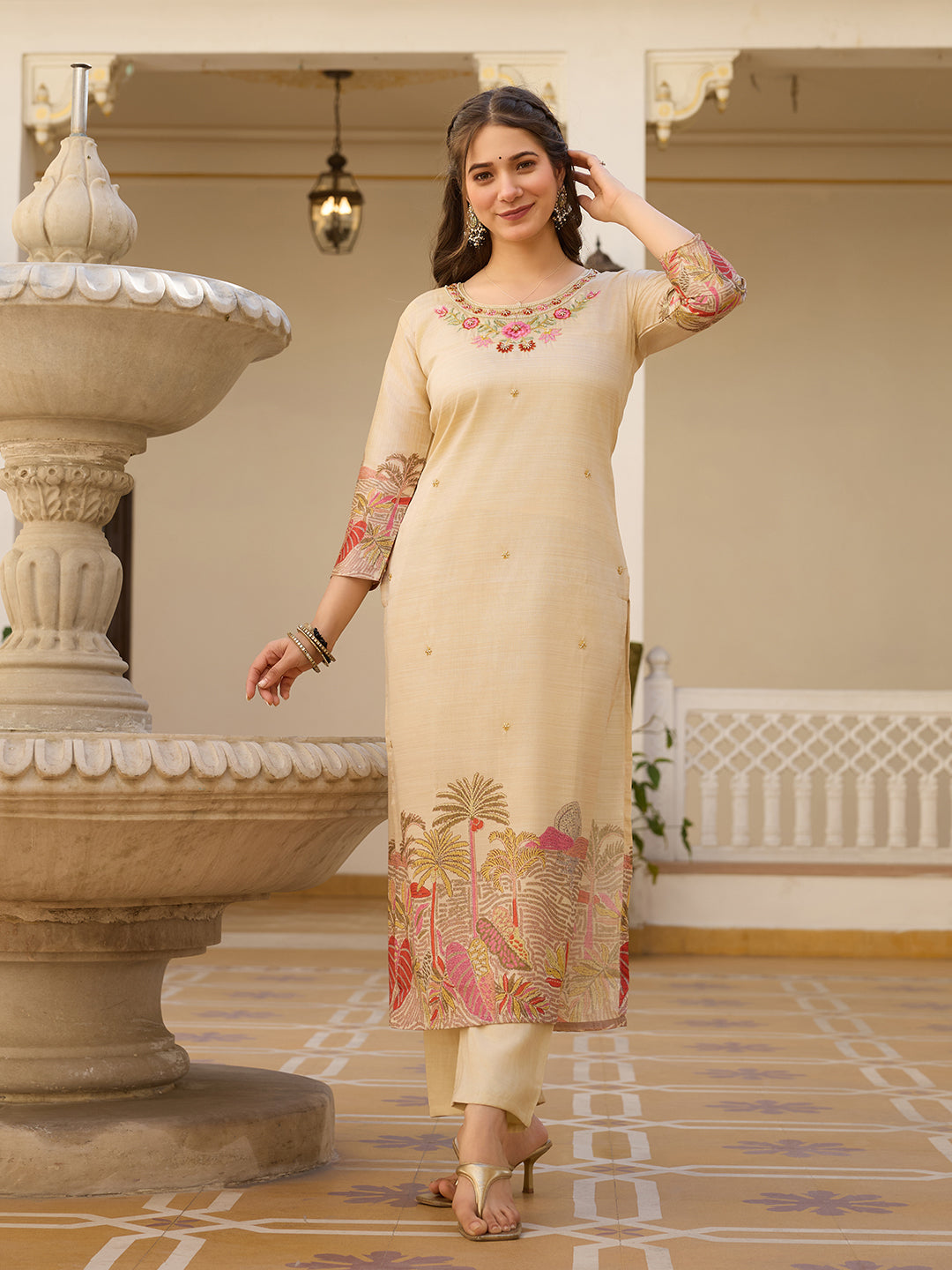 Elegant Beige Salwar Suit with Floral Embroidery, Palm Tree Print, Three-Quarter Sleeves
