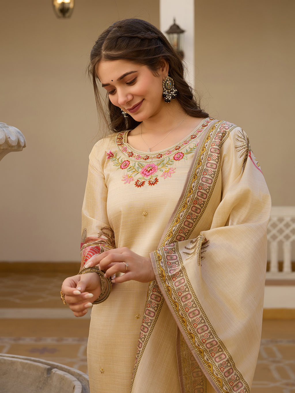 Elegant Beige Salwar Suit with Floral Embroidery, Palm Tree Print, Three-Quarter Sleeves