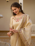 Elegant Beige Salwar Suit with Floral Embroidery, Palm Tree Print, Three-Quarter Sleeves