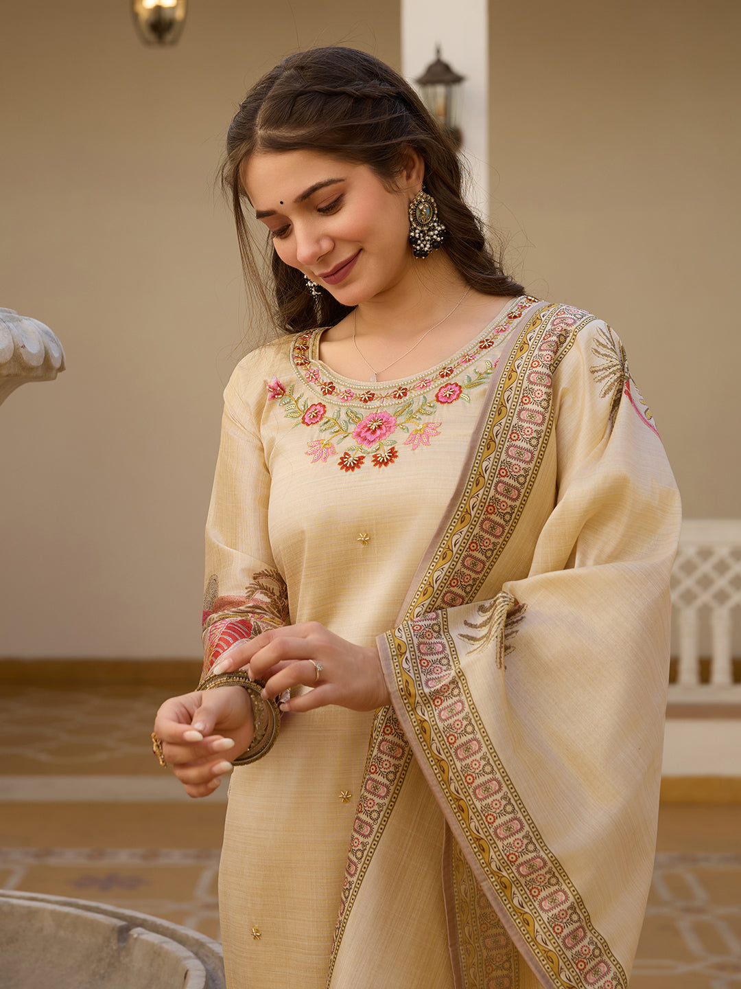 Elegant Beige Salwar Suit with Floral Embroidery, Palm Tree Print, Three-Quarter Sleeves