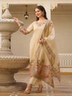 Elegant Beige Salwar Suit with Floral Embroidery, Palm Tree Print, Three-Quarter Sleeves