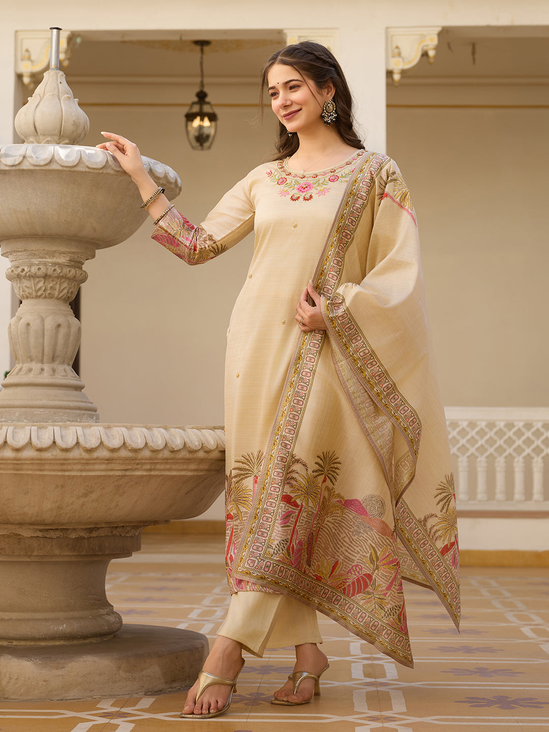 Elegant Beige Salwar Suit with Floral Embroidery, Palm Tree Print, Three-Quarter Sleeves