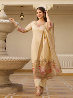 Elegant Beige Salwar Suit with Floral Embroidery, Palm Tree Print, Three-Quarter Sleeves