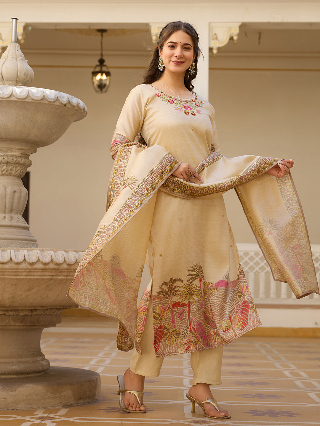 Elegant Beige Salwar Suit with Floral Embroidery, Palm Tree Print, Three-Quarter Sleeves