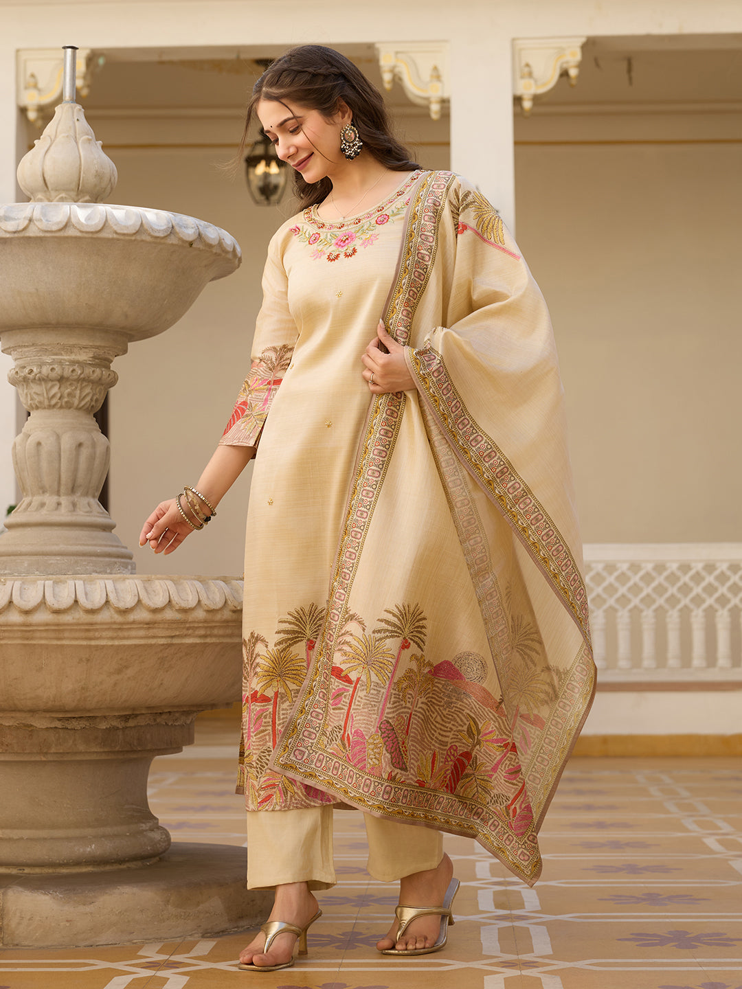 Elegant Beige Salwar Suit with Floral Embroidery, Palm Tree Print, Three-Quarter Sleeves