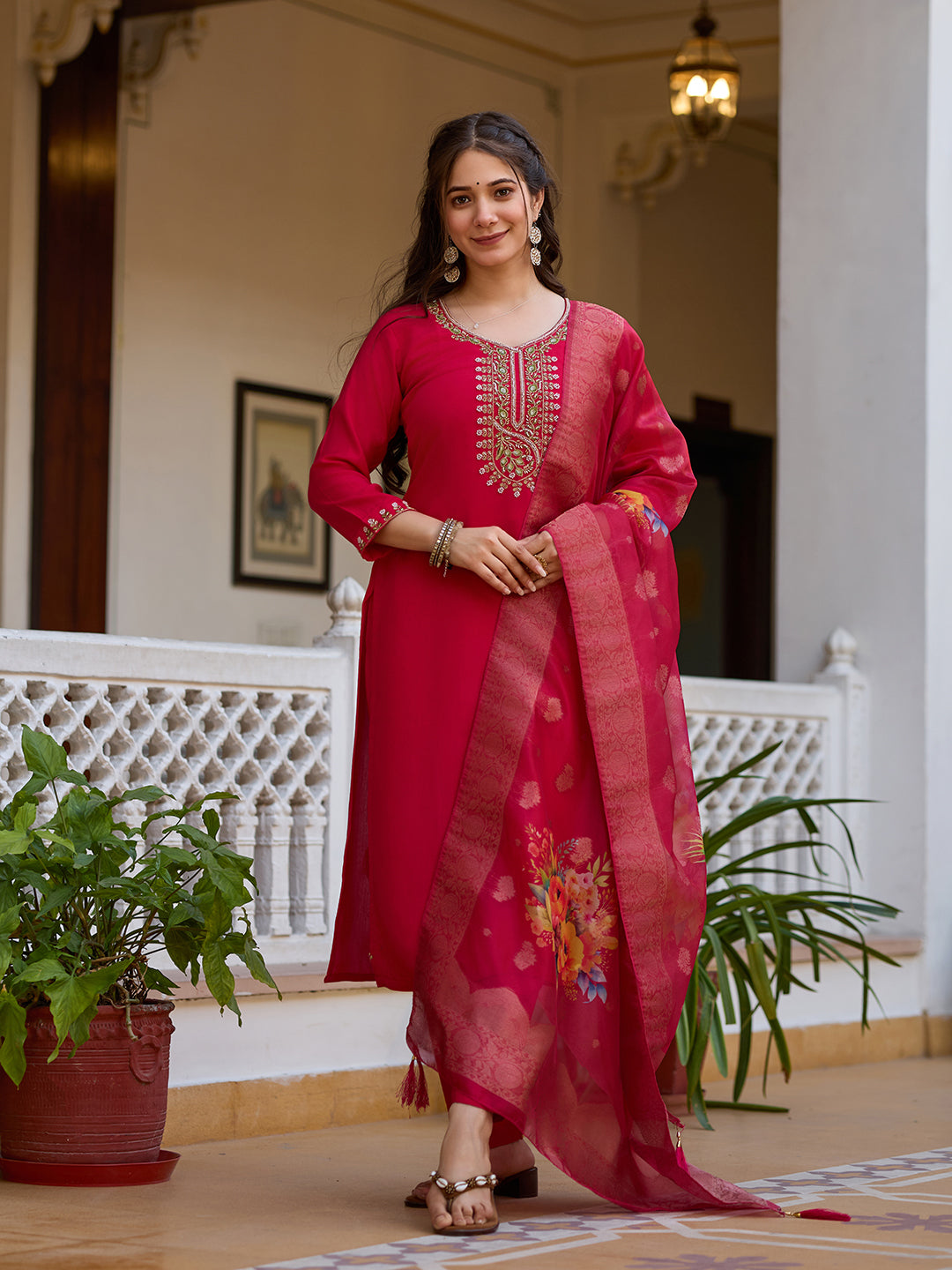 Women's Red Embroidered Kurta Set with Floral Dupatta, Three-Quarter Sleeves, Ethnic Wear