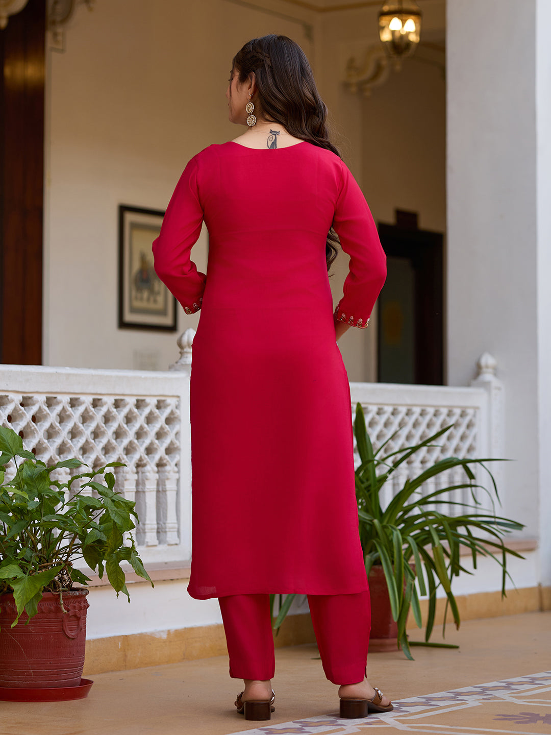 Women's Red Embroidered Kurta Set with Floral Dupatta, Three-Quarter Sleeves, Ethnic Wear