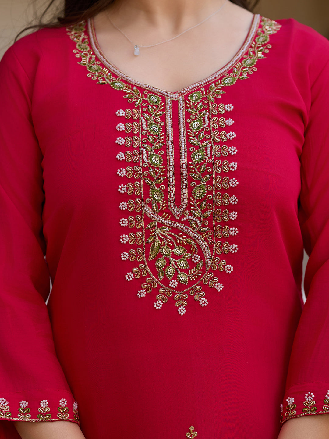 Women's Red Embroidered Kurta Set with Floral Dupatta, Three-Quarter Sleeves, Ethnic Wear