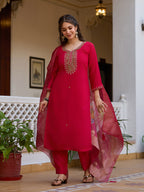 Women's Red Embroidered Kurta Set with Floral Dupatta, Three-Quarter Sleeves, Ethnic Wear