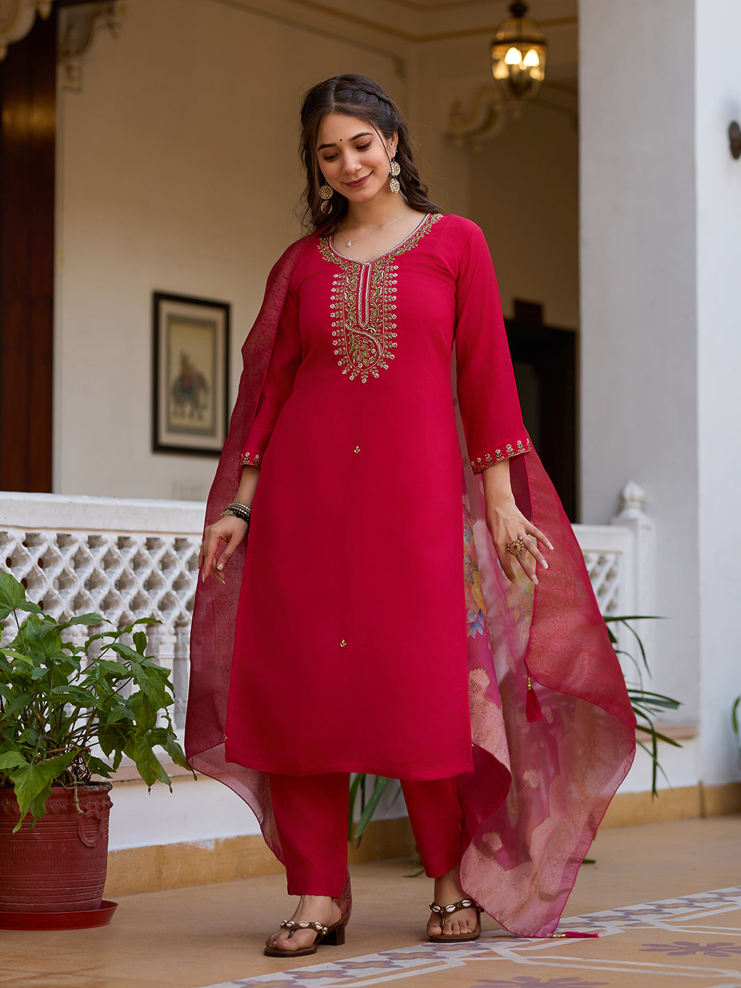 Women's Red Embroidered Kurta Set with Floral Dupatta, Three-Quarter Sleeves, Ethnic Wear