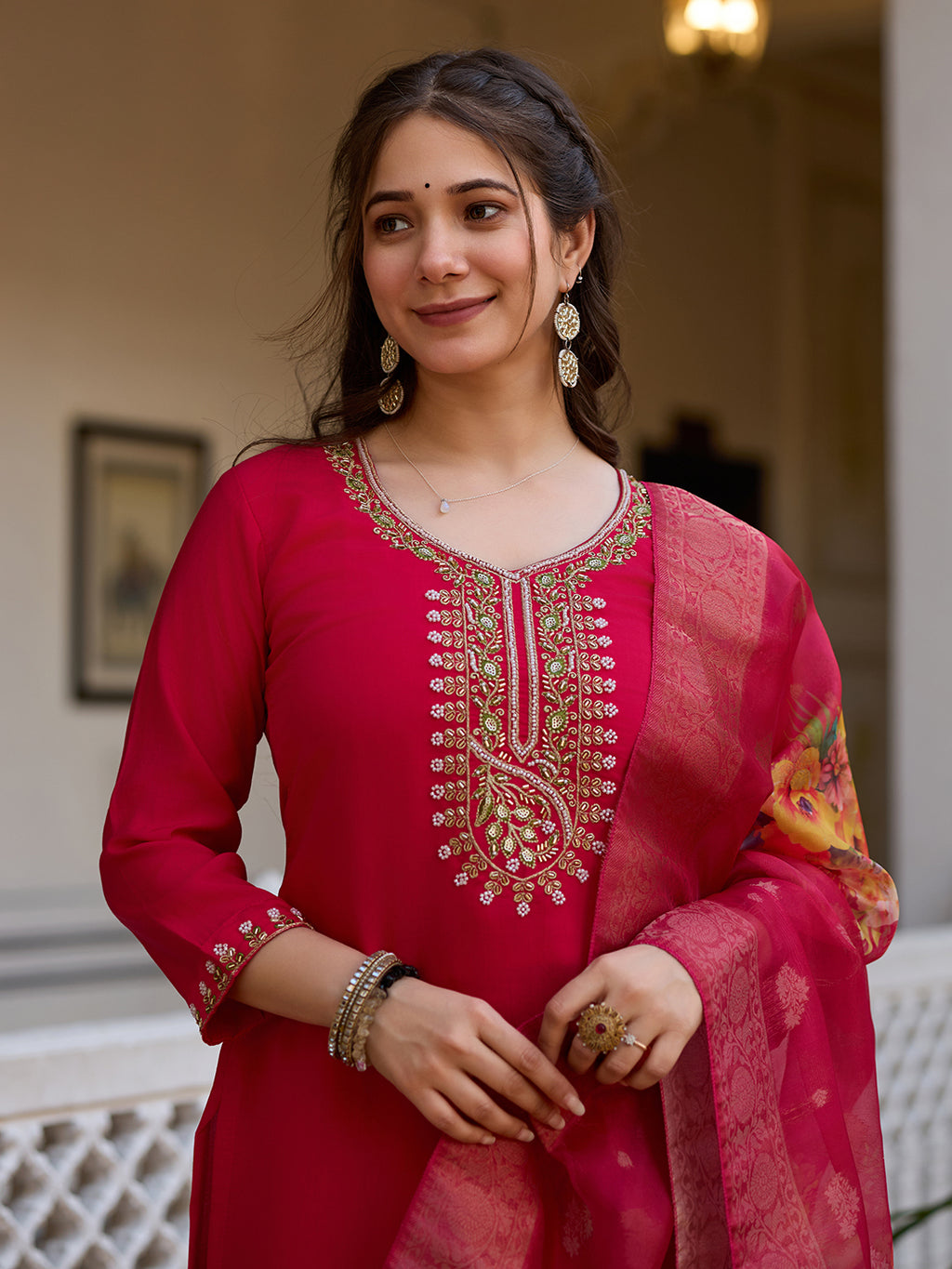 Women's Red Embroidered Kurta Set with Floral Dupatta, Three-Quarter Sleeves, Ethnic Wear