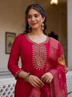 Women's Red Embroidered Kurta Set with Floral Dupatta, Three-Quarter Sleeves, Ethnic Wear