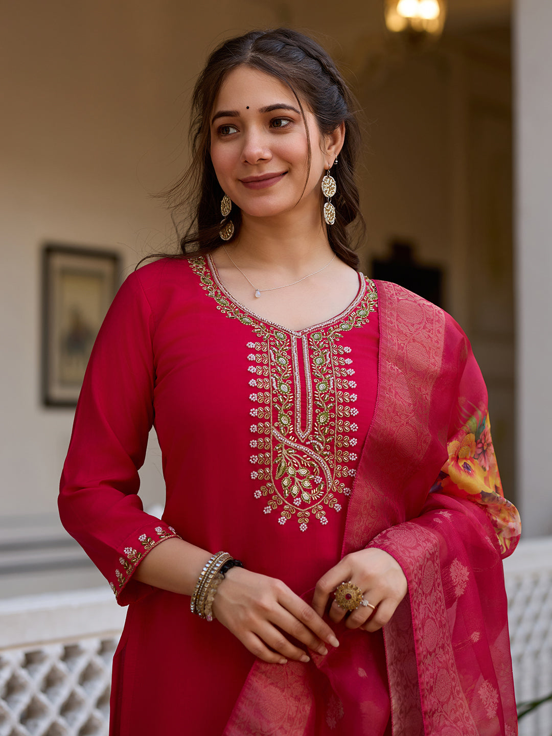 Women's Red Embroidered Kurta Set with Floral Dupatta, Three-Quarter Sleeves, Ethnic Wear
