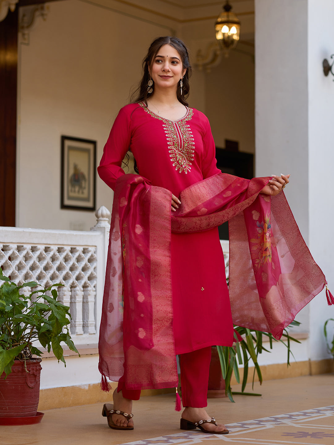 Women's Red Embroidered Kurta Set with Floral Dupatta, Three-Quarter Sleeves, Ethnic Wear