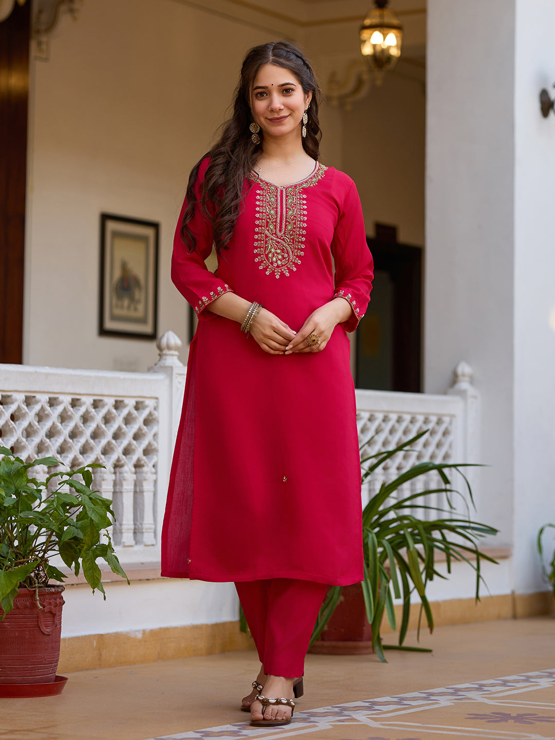 Women's Red Embroidered Kurta Set with Floral Dupatta, Three-Quarter Sleeves, Ethnic Wear