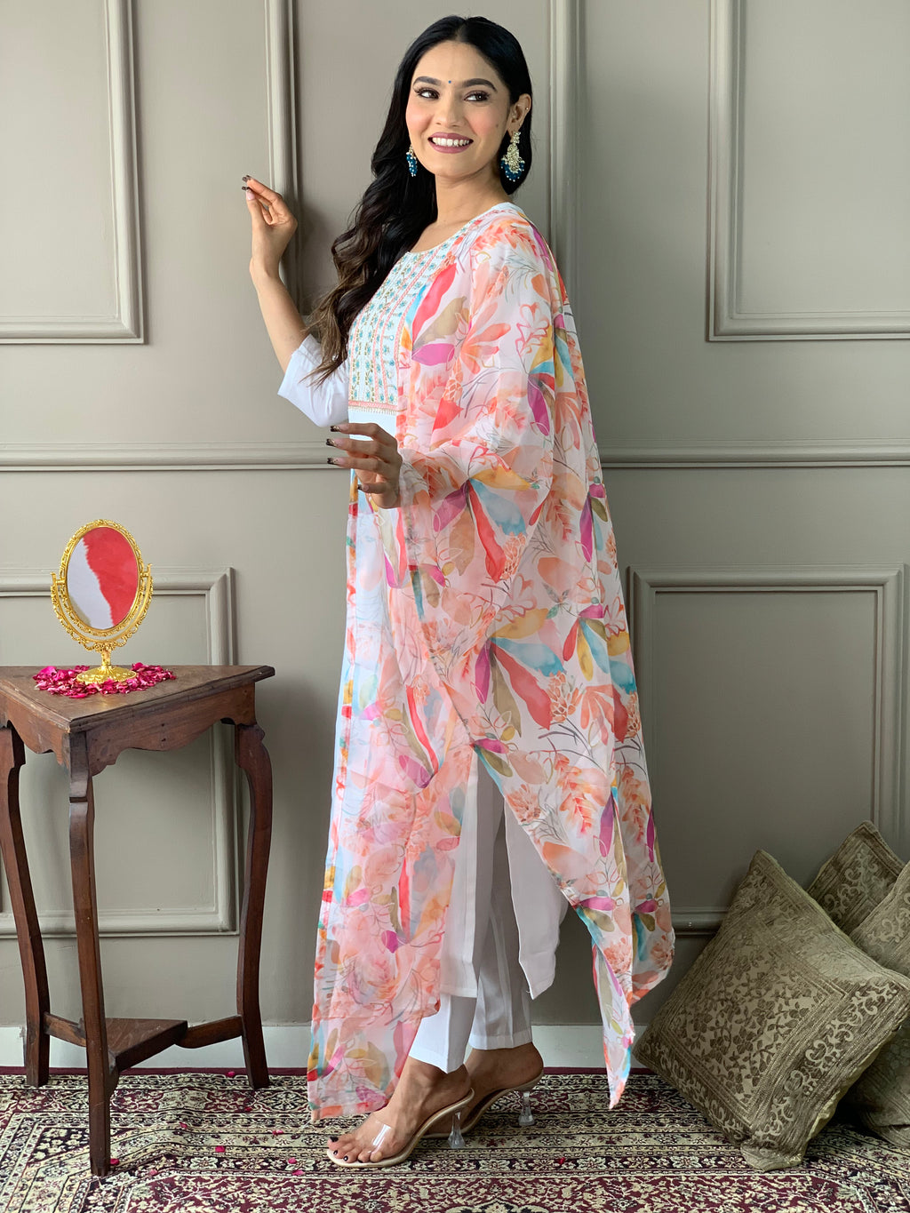 Women's White Chanderi Kurta Set with Floral Dupatta, Embroidered Yoke, 3/4 Sleeves