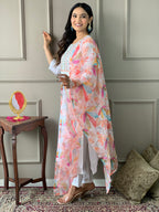 Women's White Chanderi Kurta Set with Floral Dupatta, Embroidered Yoke, 3/4 Sleeves