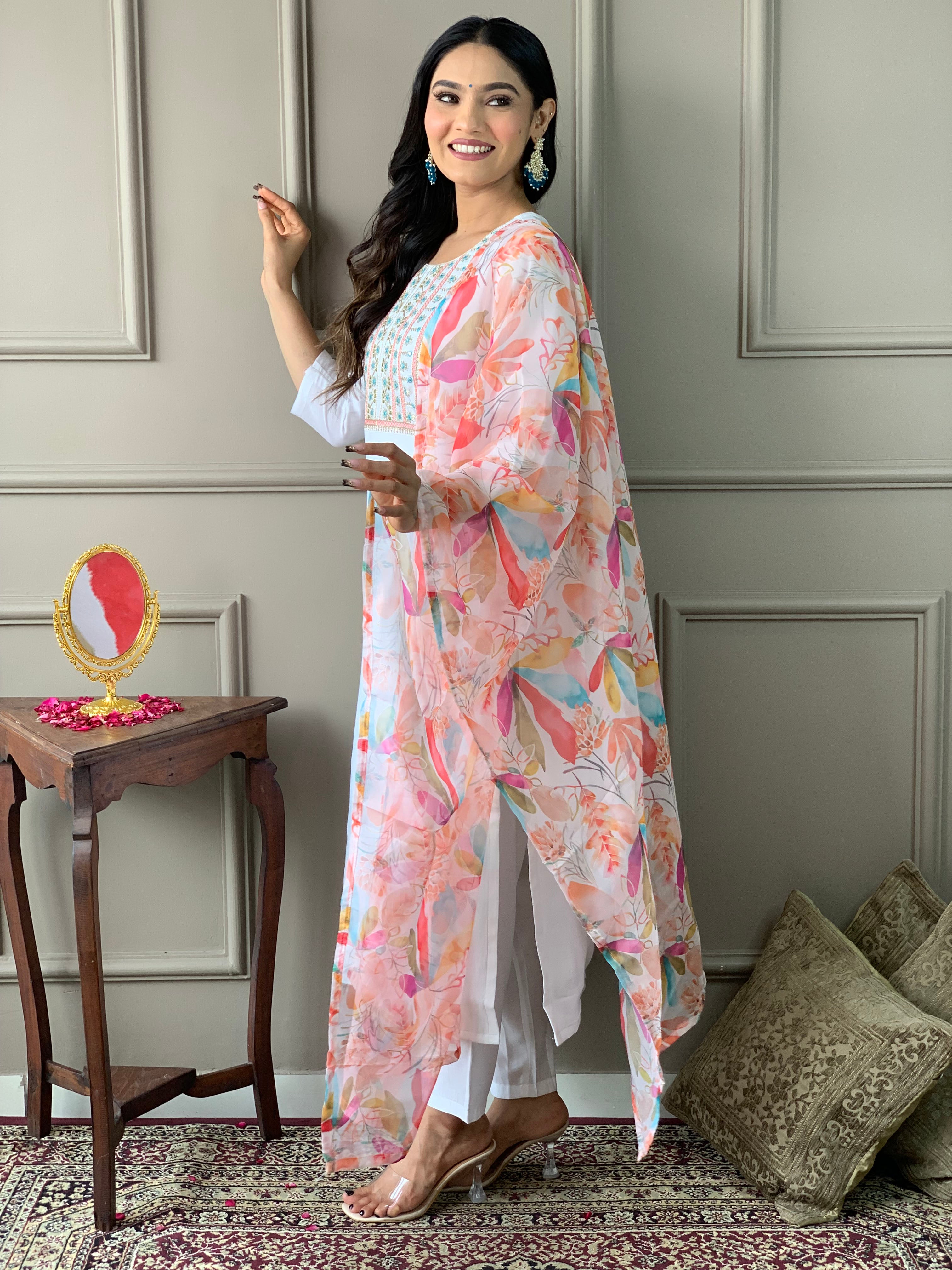 Women's White Chanderi Kurta Set with Floral Dupatta, Embroidered Yoke, 3/4 Sleeves