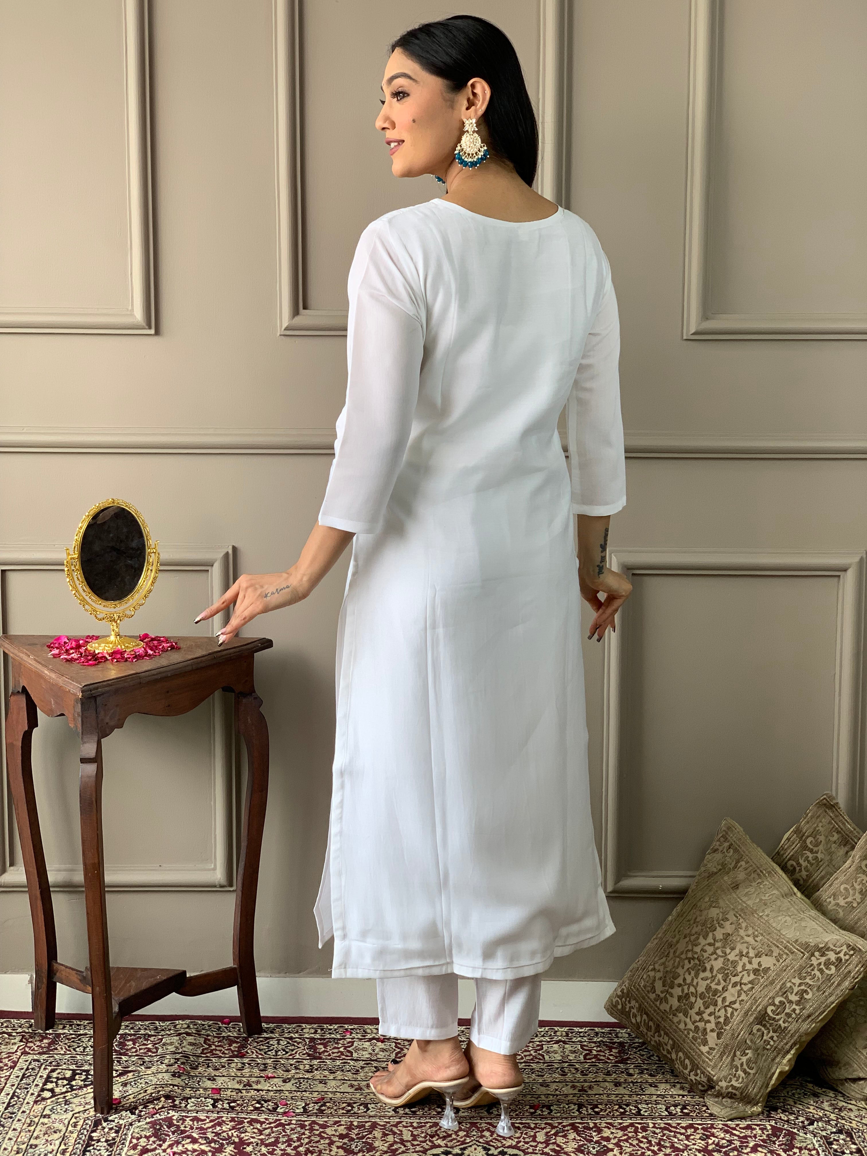 Women's White Chanderi Kurta Set with Floral Dupatta, Embroidered Yoke, 3/4 Sleeves