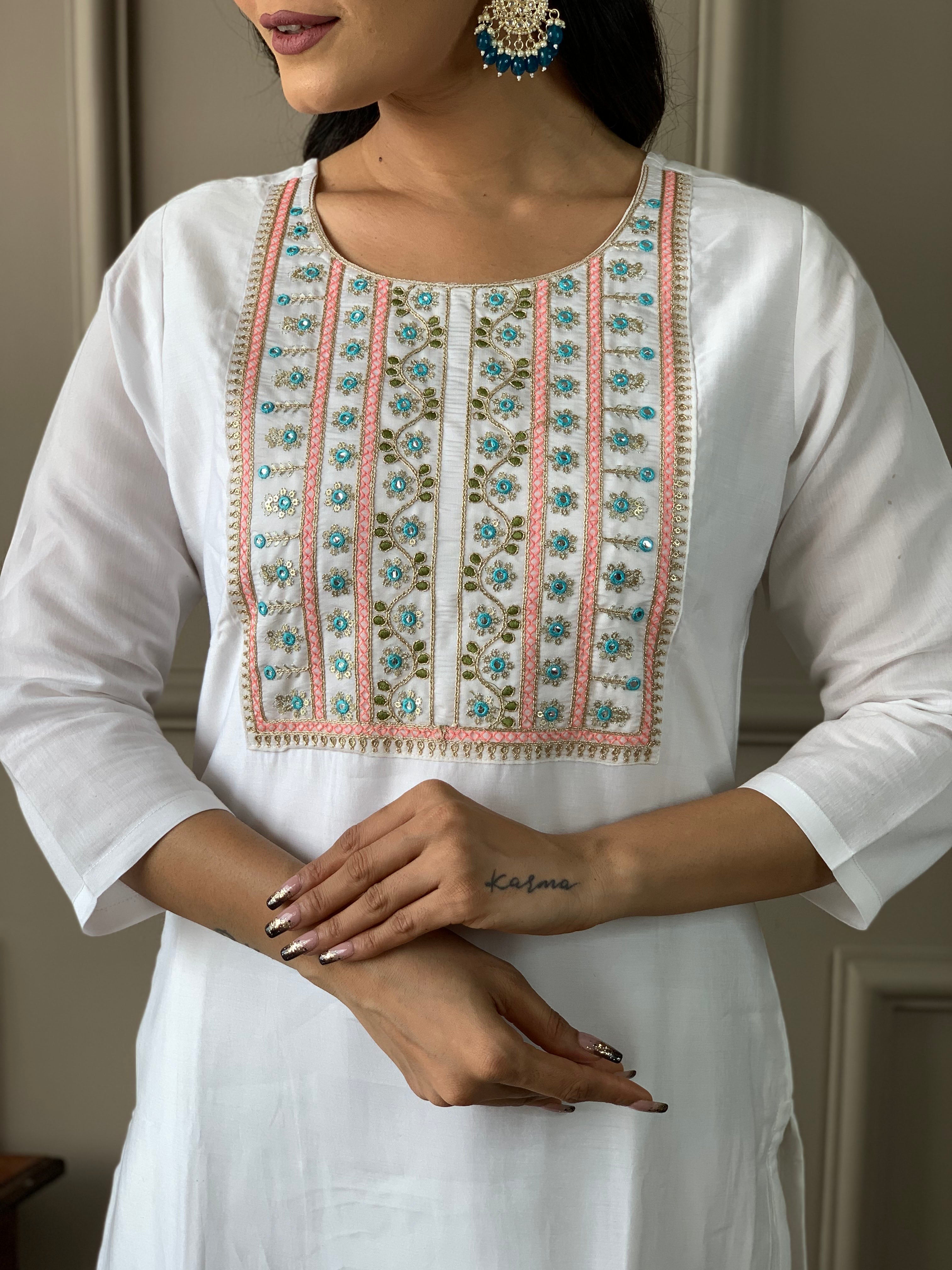 Women's White Chanderi Kurta Set with Floral Dupatta, Embroidered Yoke, 3/4 Sleeves