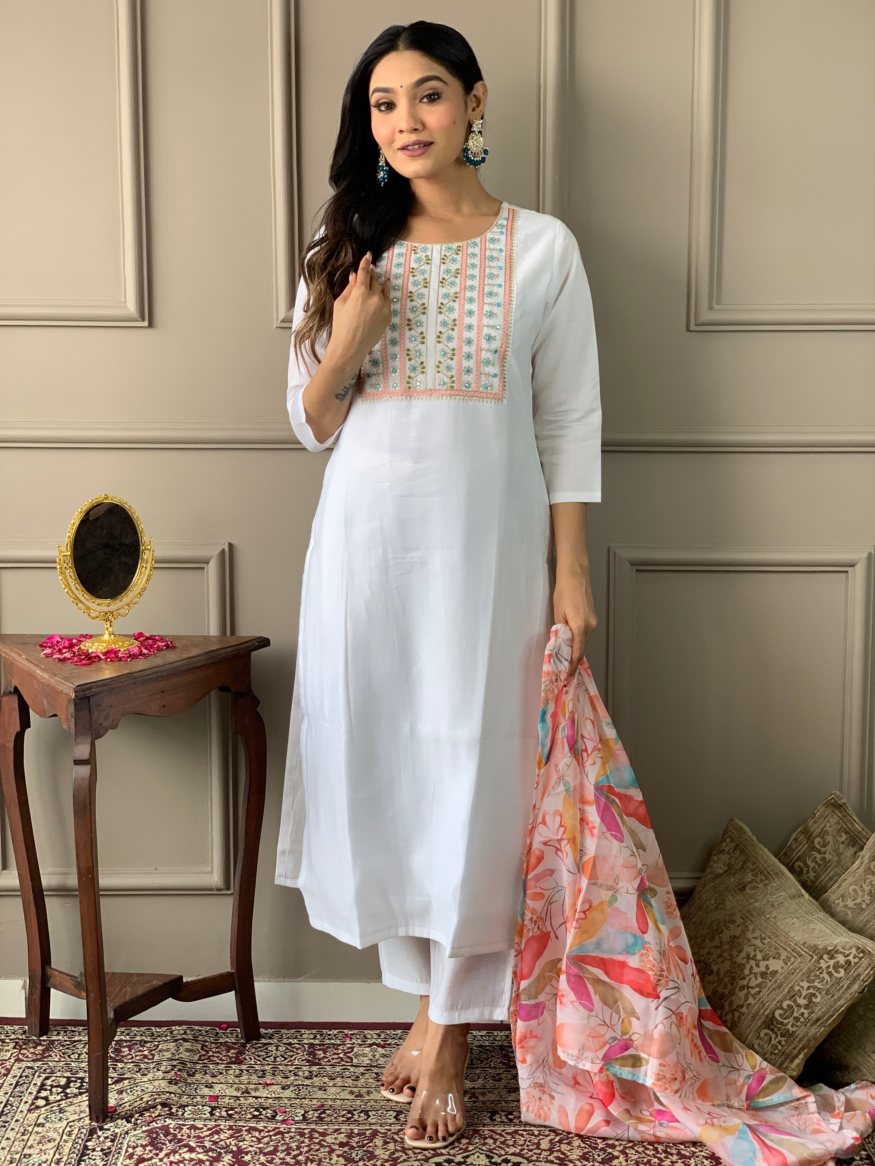 Women's White Chanderi Kurta Set with Floral Dupatta, Embroidered Yoke, 3/4 Sleeves