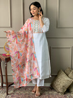 Women's White Chanderi Kurta Set with Floral Dupatta, Embroidered Yoke, 3/4 Sleeves