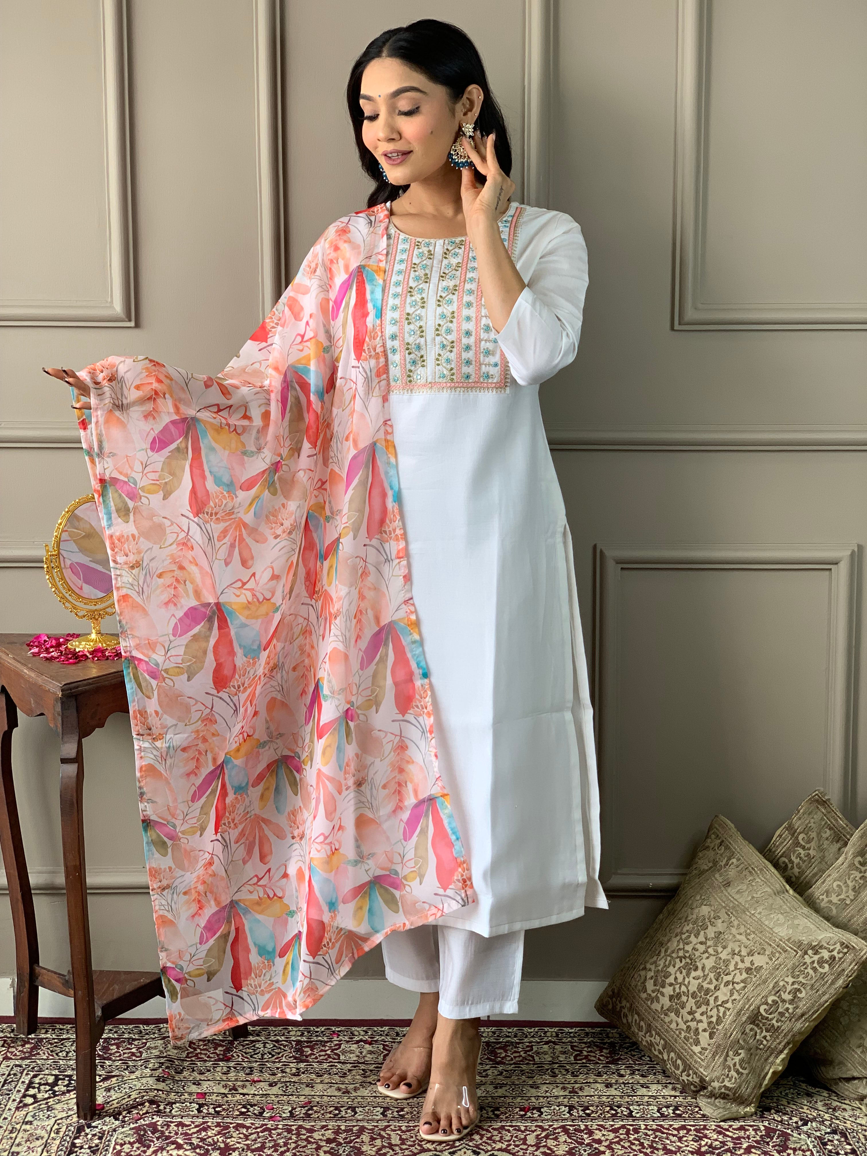 Women's White Chanderi Kurta Set with Floral Dupatta, Embroidered Yoke, 3/4 Sleeves