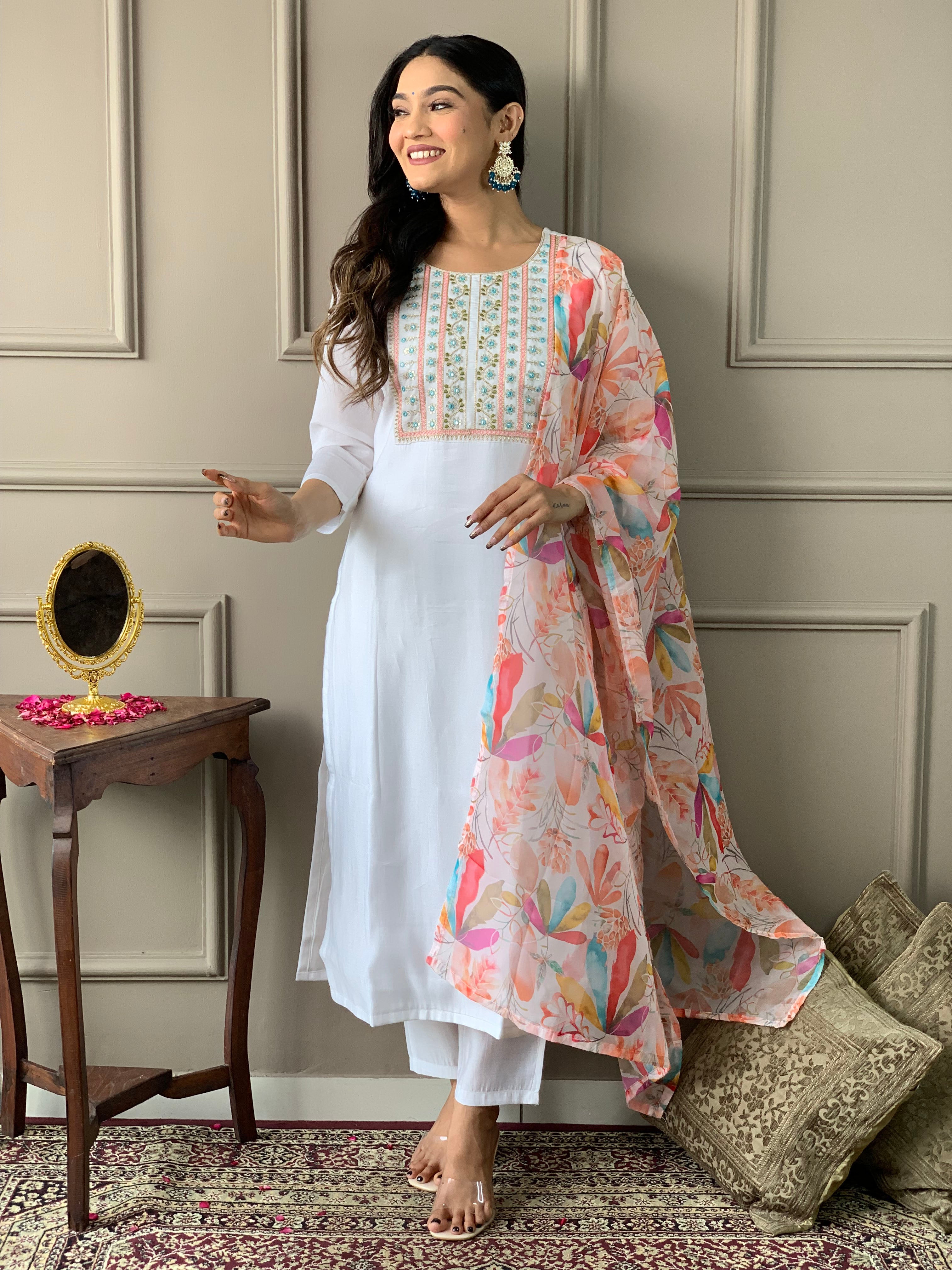 Women's White Chanderi Kurta Set with Floral Dupatta, Embroidered Yoke, 3/4 Sleeves