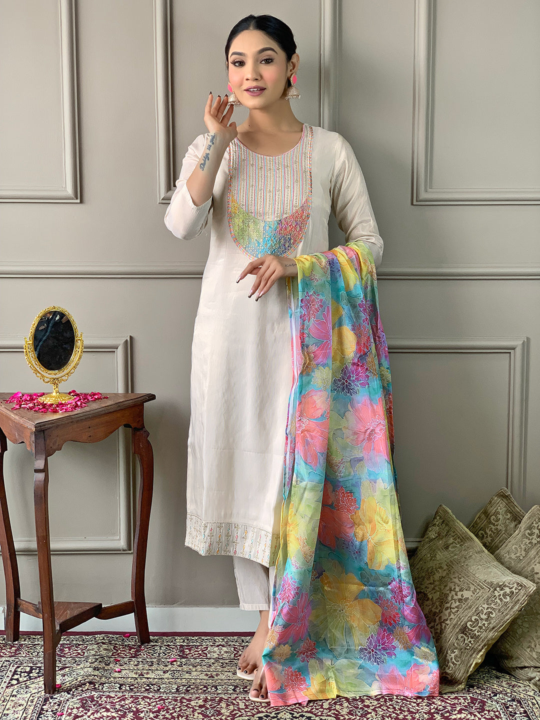 Women's Off White Georgette Kurta Set with Floral Dupatta, Embroidered Yoke, 3/4 Sleeves