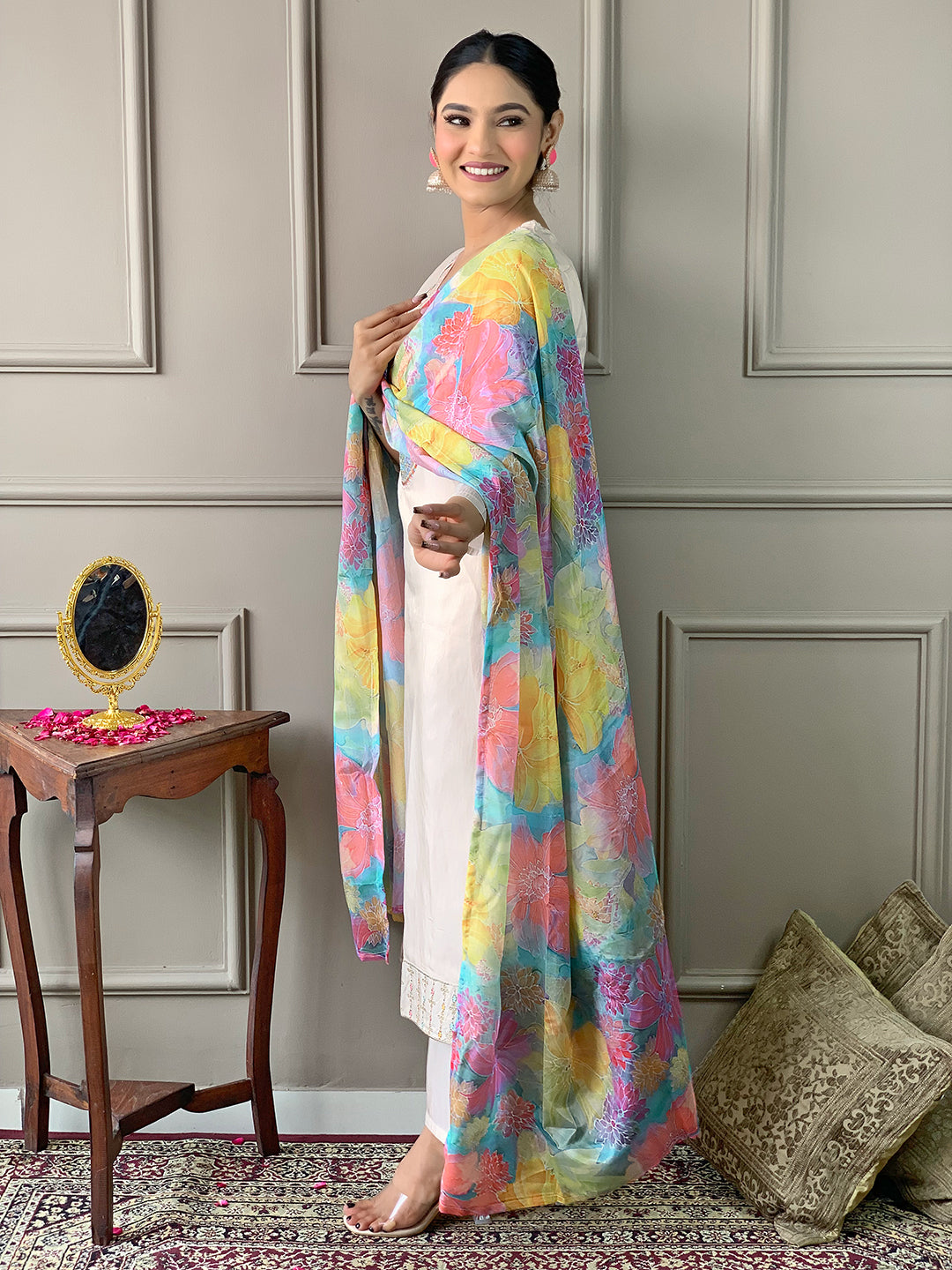 Women's Off White Georgette Kurta Set with Floral Dupatta, Embroidered Yoke, 3/4 Sleeves