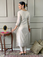 Women's Off White Georgette Kurta Set with Floral Dupatta, Embroidered Yoke, 3/4 Sleeves