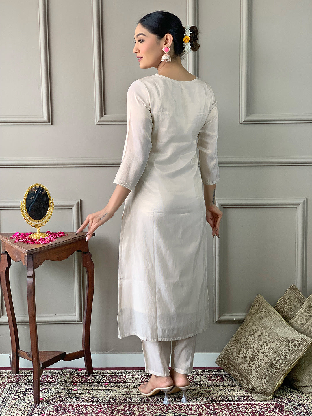 Women's Off White Georgette Kurta Set with Floral Dupatta, Embroidered Yoke, 3/4 Sleeves