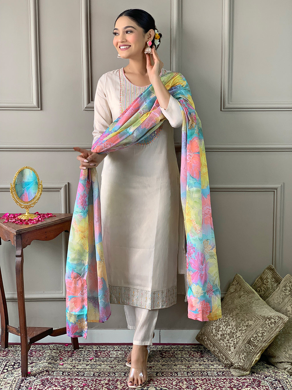 Women's Off White Georgette Kurta Set with Floral Dupatta, Embroidered Yoke, 3/4 Sleeves