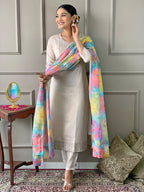 Women's Off White Georgette Kurta Set with Floral Dupatta, Embroidered Yoke, 3/4 Sleeves