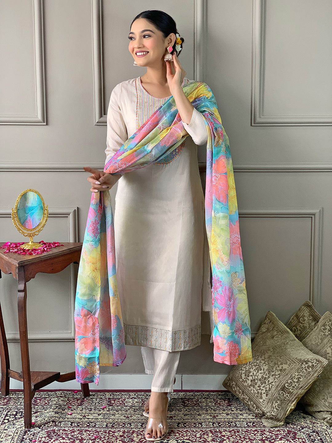 Women's Off White Georgette Kurta Set with Floral Dupatta, Embroidered Yoke, 3/4 Sleeves