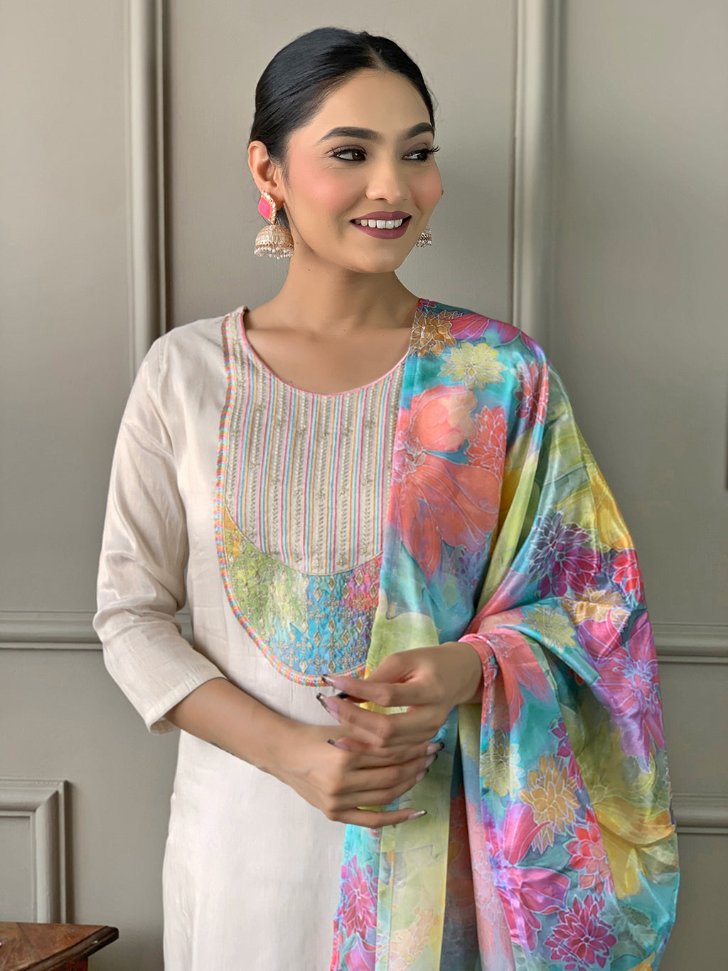 Women's Off White Georgette Kurta Set with Floral Dupatta, Embroidered Yoke, 3/4 Sleeves