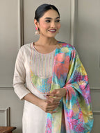 Women's Off White Georgette Kurta Set with Floral Dupatta, Embroidered Yoke, 3/4 Sleeves